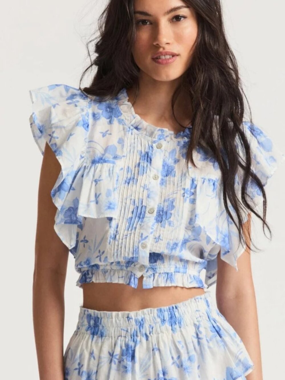 Womens LoveShackFancy Nora Blue White (Item-406) Ruffled Floral Crop Top XS